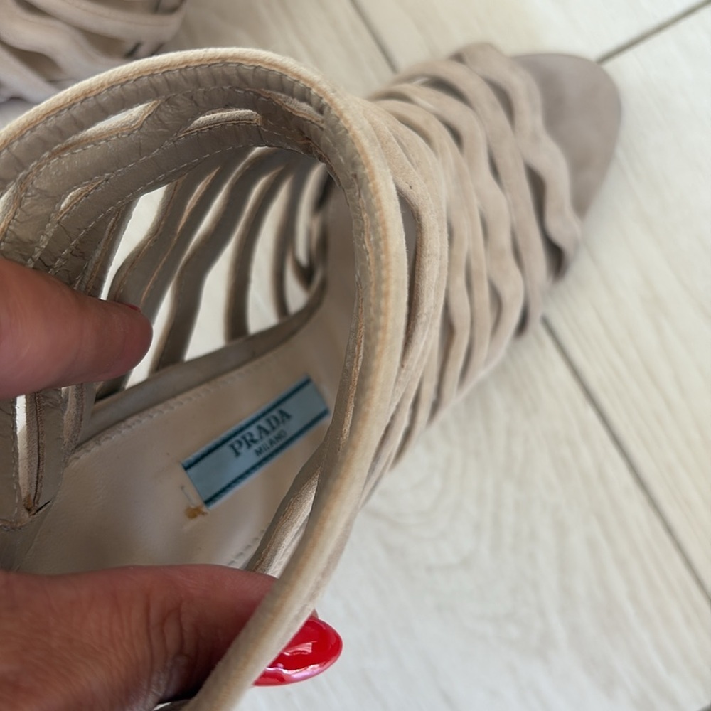 Prada Cage Suede Cream Heels - Picture 5 of 5